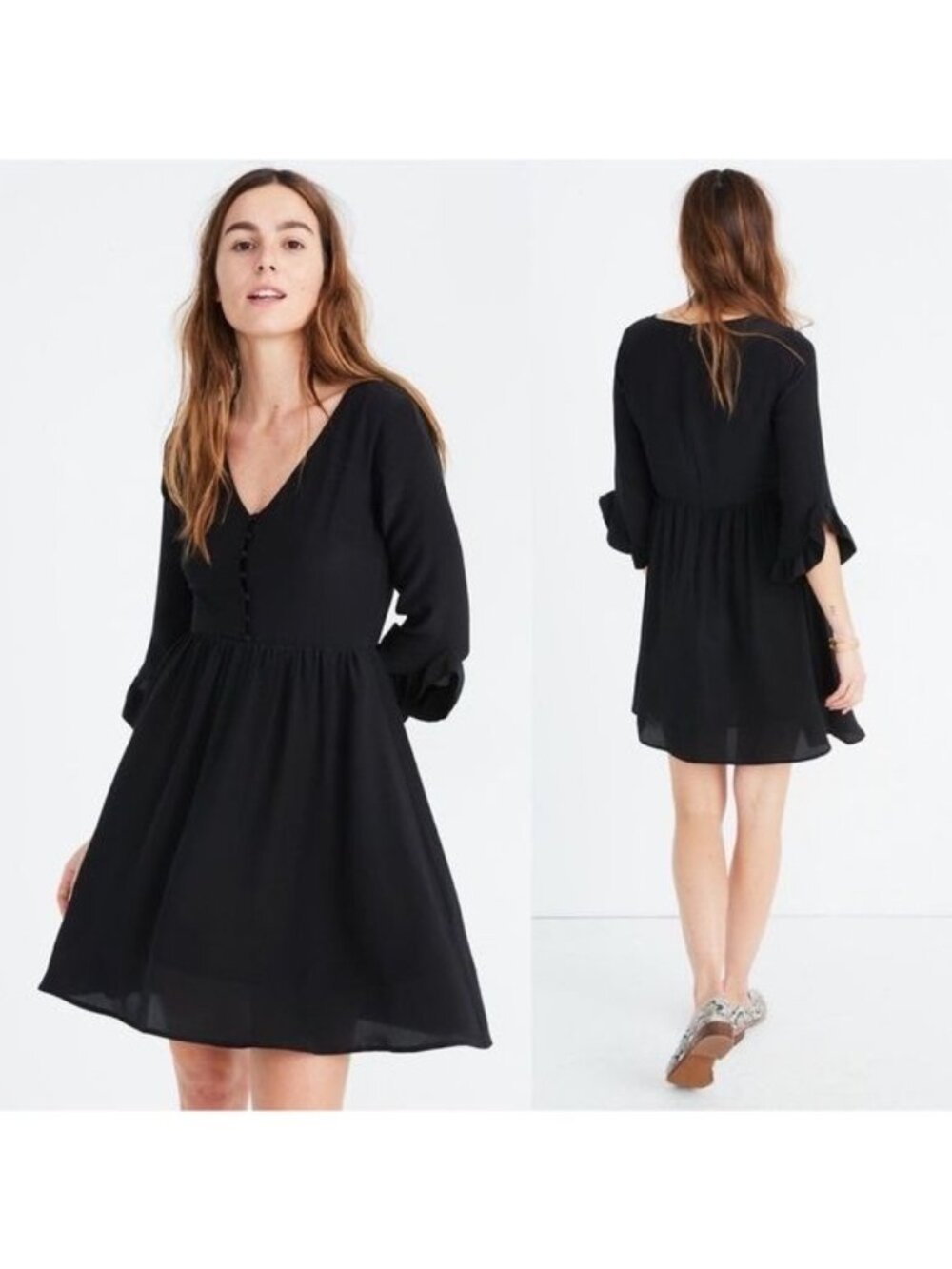 Madewell 100% Silk Moonblossom Ruffle-Sleeve black Dress Size 10